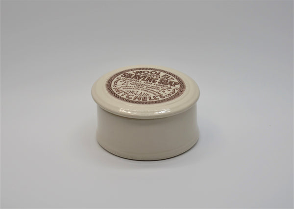 Mitchells Wool Fat shaving soap in ceramic bowl