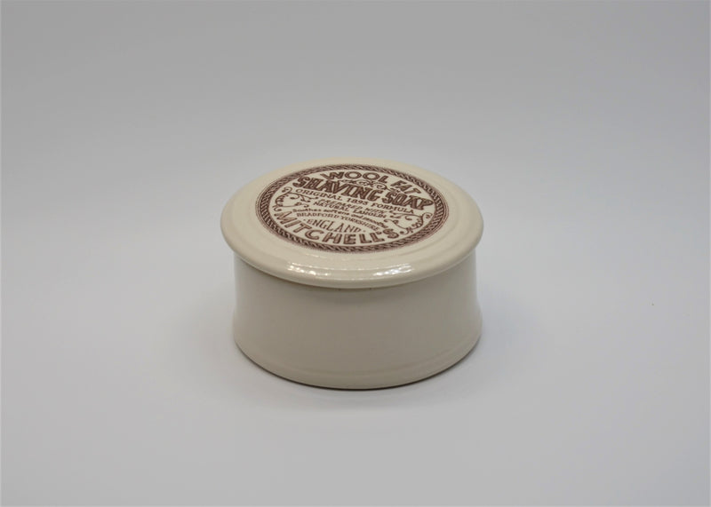 Mitchells Wool Fat shaving soap in ceramic bowl